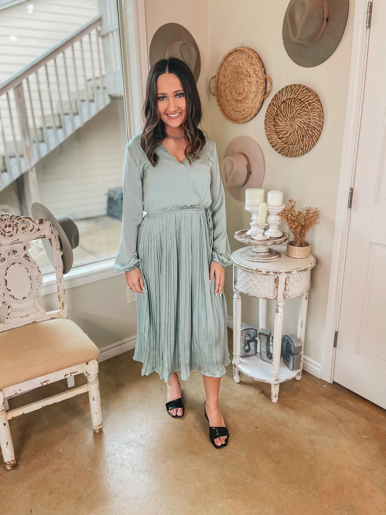 Last Chance Size Medium | Bakersfield Brunch Long Sleeve Midi Dress with Pleated Skirt in Sage Green | ONLY 1 LEFT!