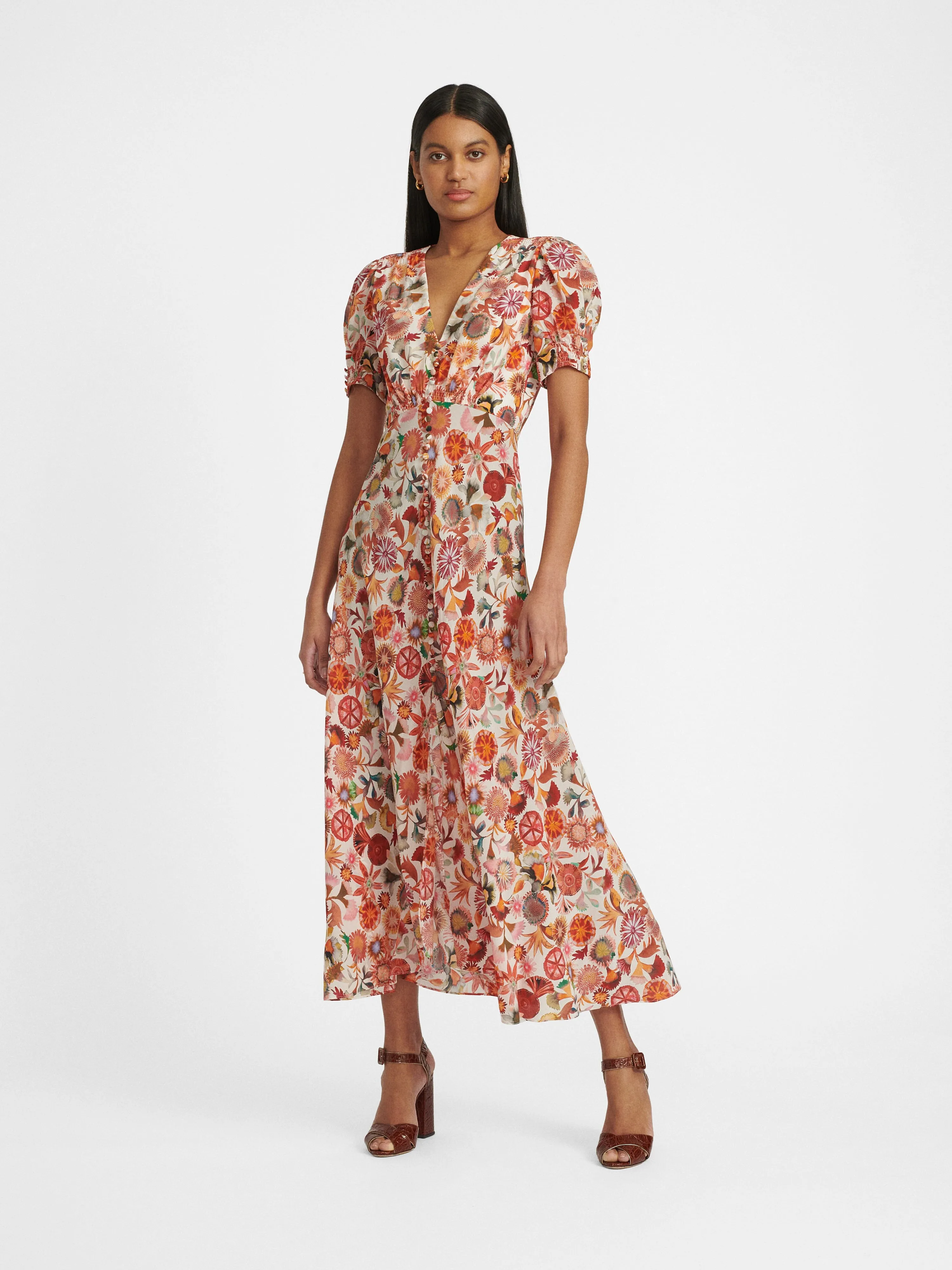 Lea Long Dress in Ivory Adorning print