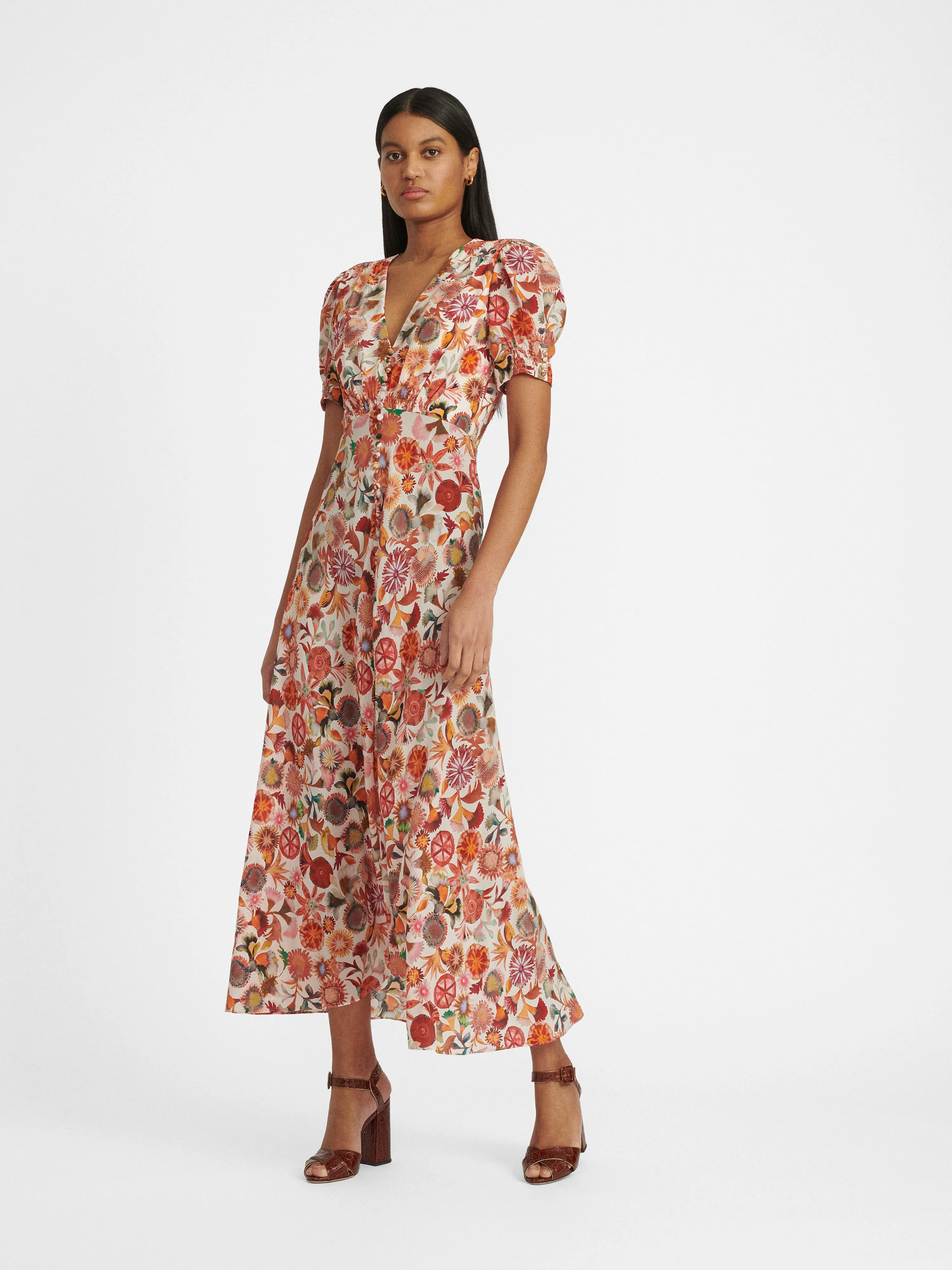 Lea Long Dress in Ivory Adorning print