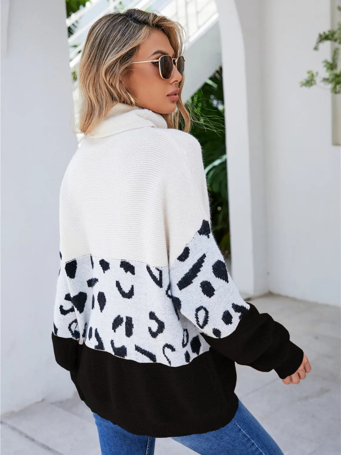 Leopard Color Block Turtleneck Sweater