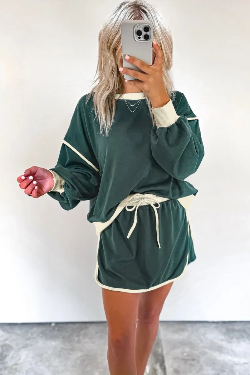 Loose Pullover and Lace-up Waist Skort Set