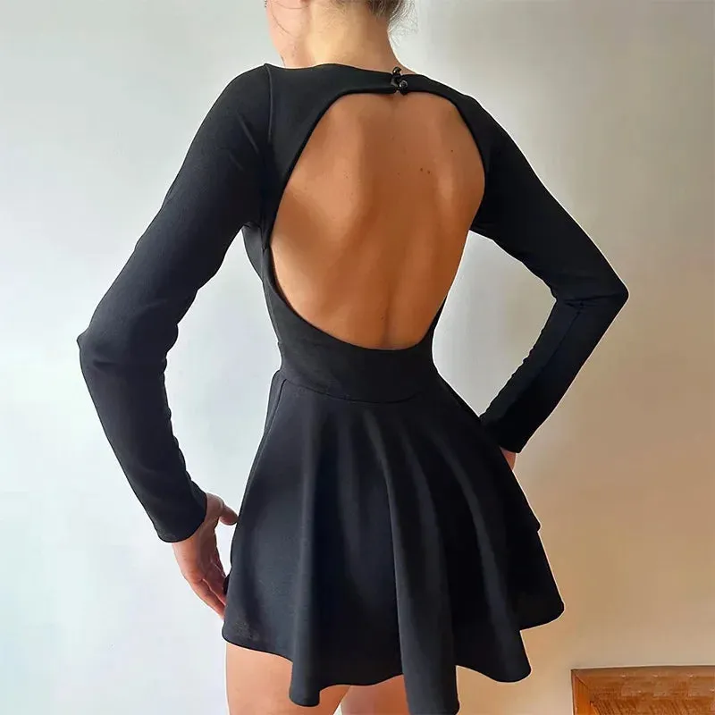 Low Cut Long Sleeve Backless A Line Mini Dress