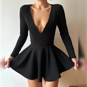 Low Cut Long Sleeve Backless A Line Mini Dress