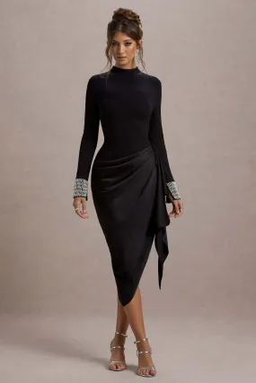 Luanna | Black Satin Long-Sleeve Midi Dress With Draped Skirt