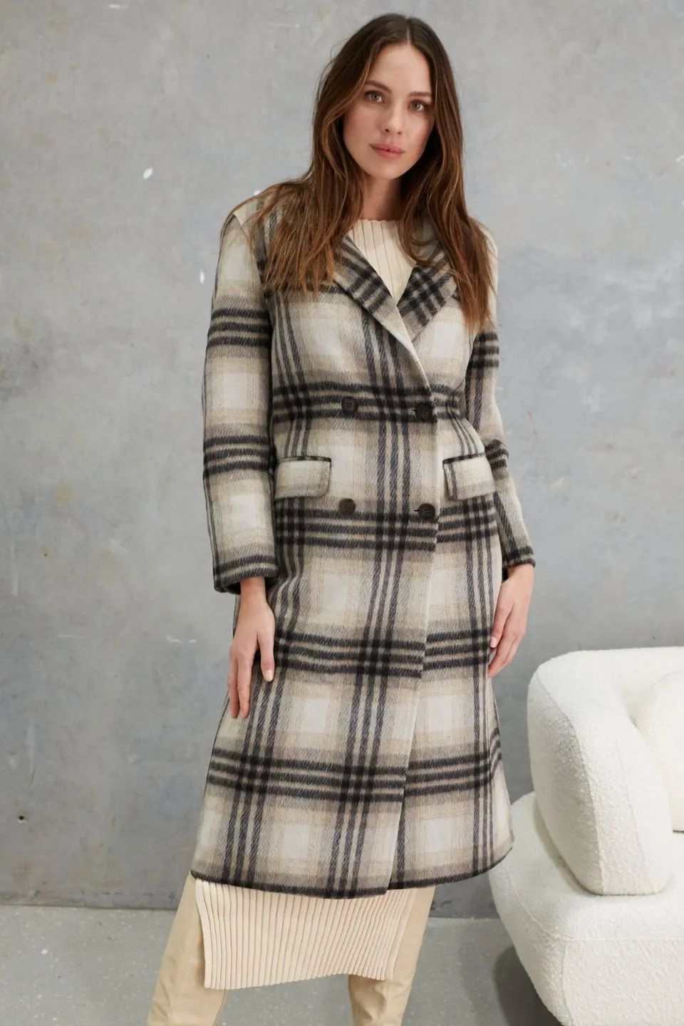 Marcella Grey Check Alpaca Wool Blend Coat