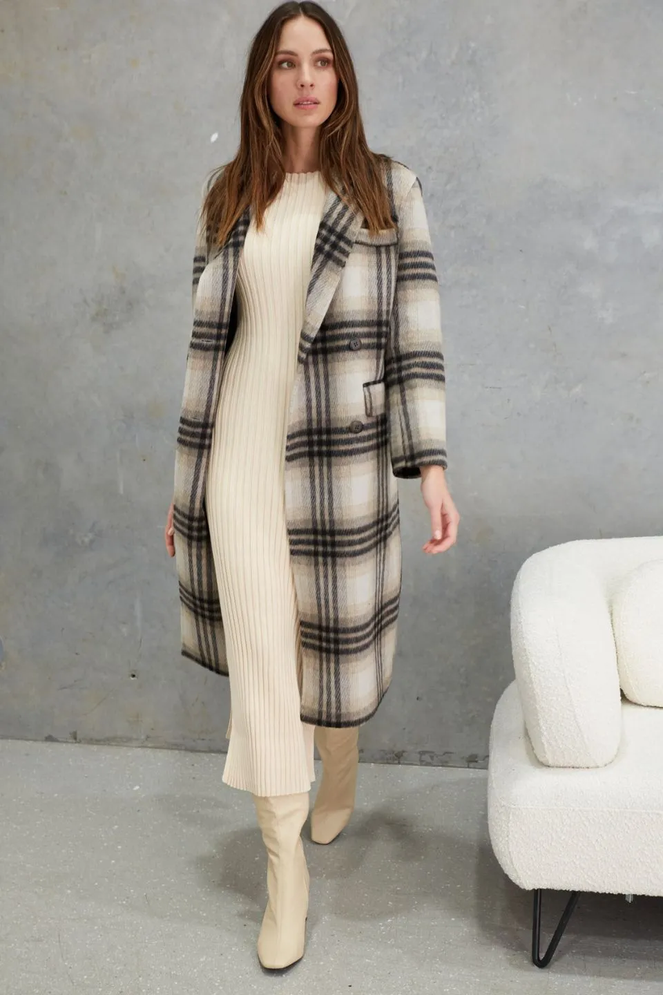 Marcella Grey Check Alpaca Wool Blend Coat