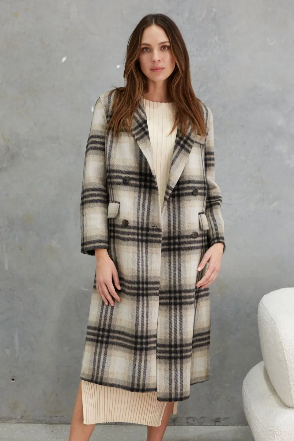 Marcella Grey Check Alpaca Wool Blend Coat