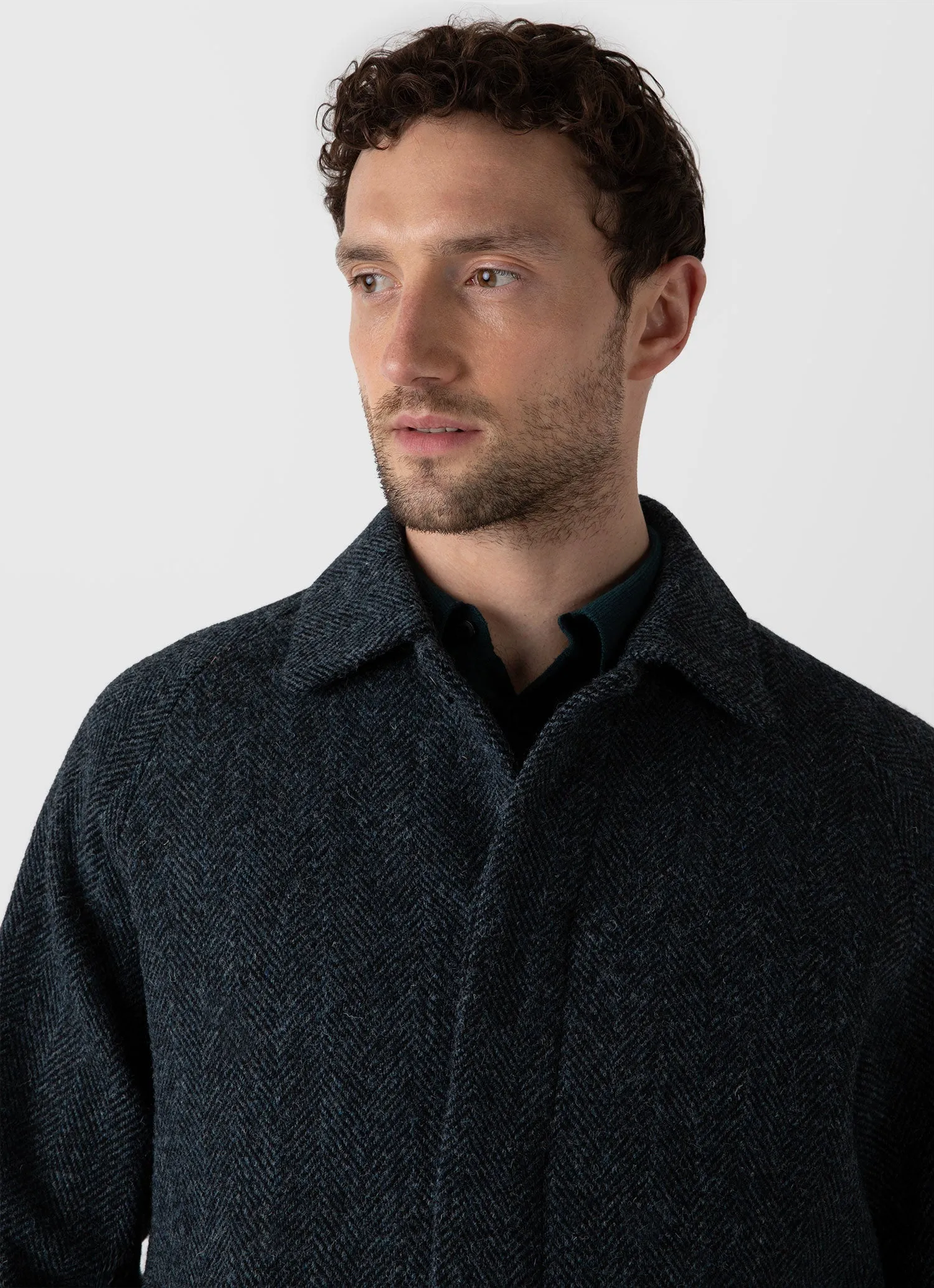 Men's Harris Tweed Car Coat in Blue Herringbone