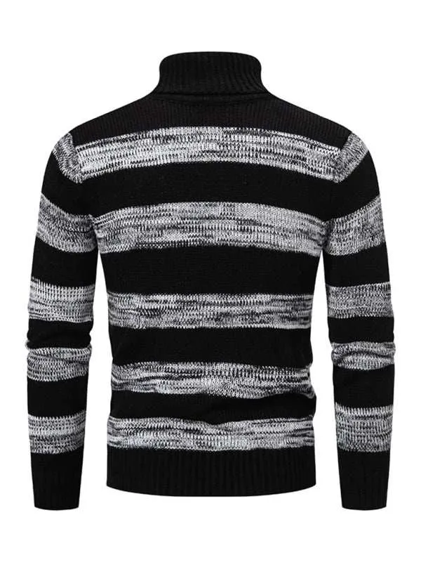 Men's New Striped Patchwork Turtleneck Slim Fit Sweater Base Layer