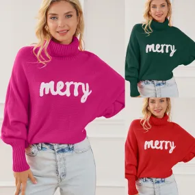 Merry Letter Embroidered High Neck Sweater