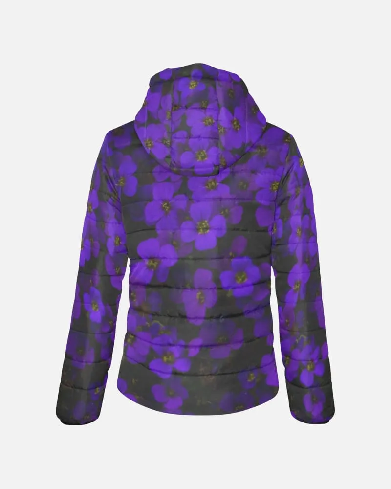 Midnight Purple Flower Women's Hooded Puffer Jacket