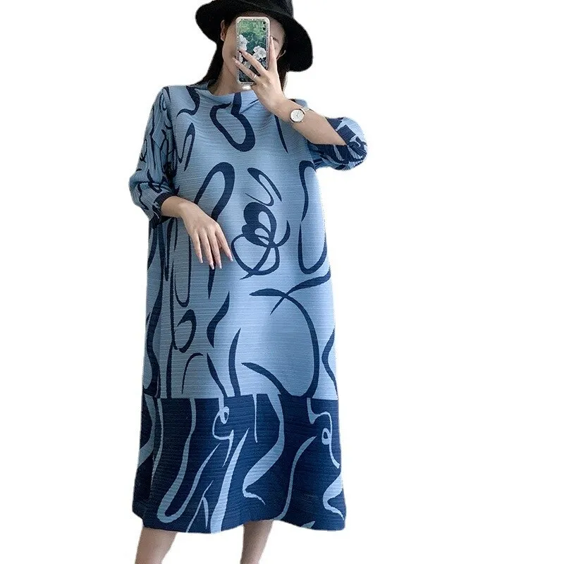 Miyake Pleated Printed Three-quarter Sleeves Midi Dress