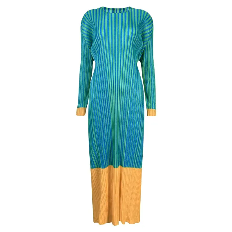 Miyake Pleated Striped Long Sleeves Midi Dress