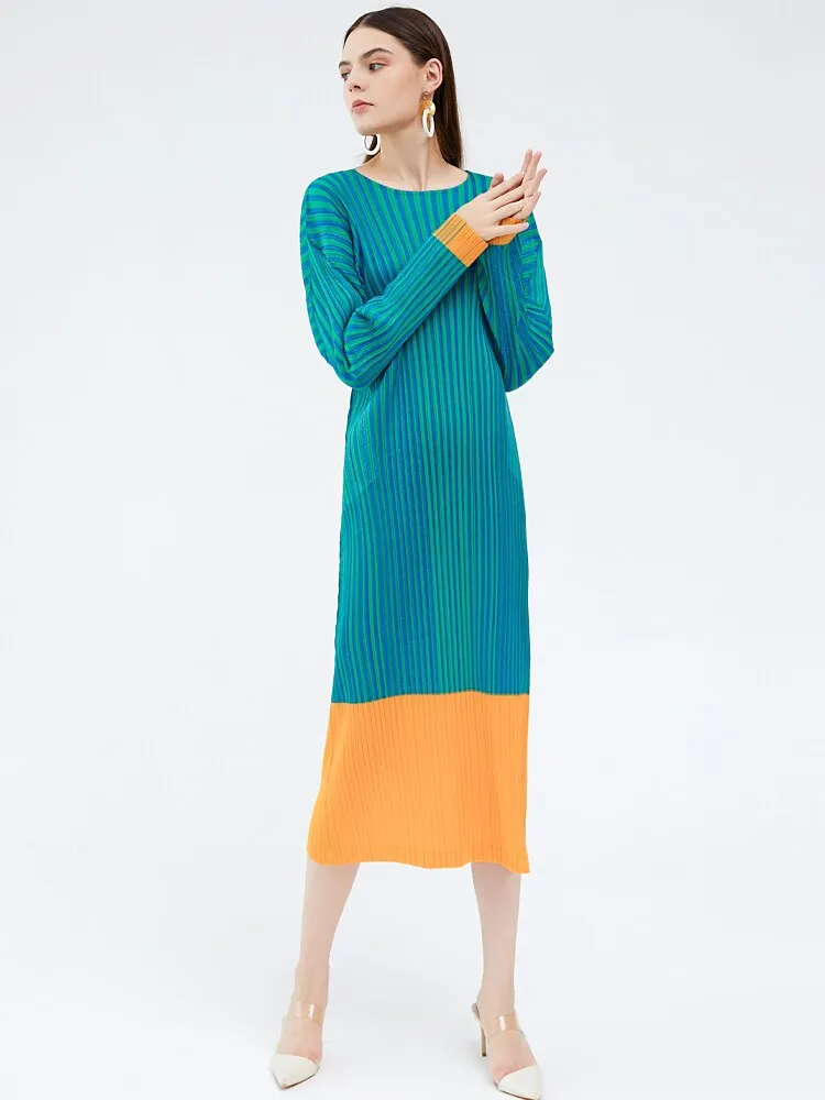 Miyake Pleated Striped Long Sleeves Midi Dress