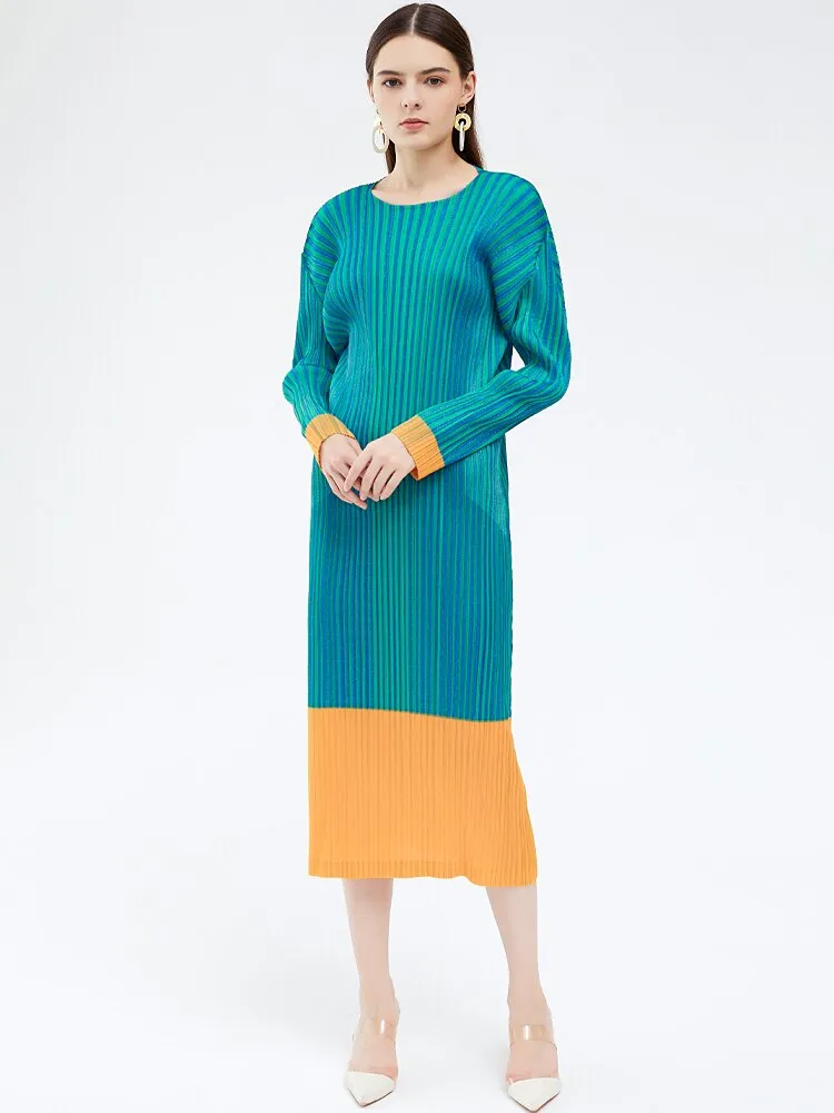 Miyake Pleated Striped Long Sleeves Midi Dress