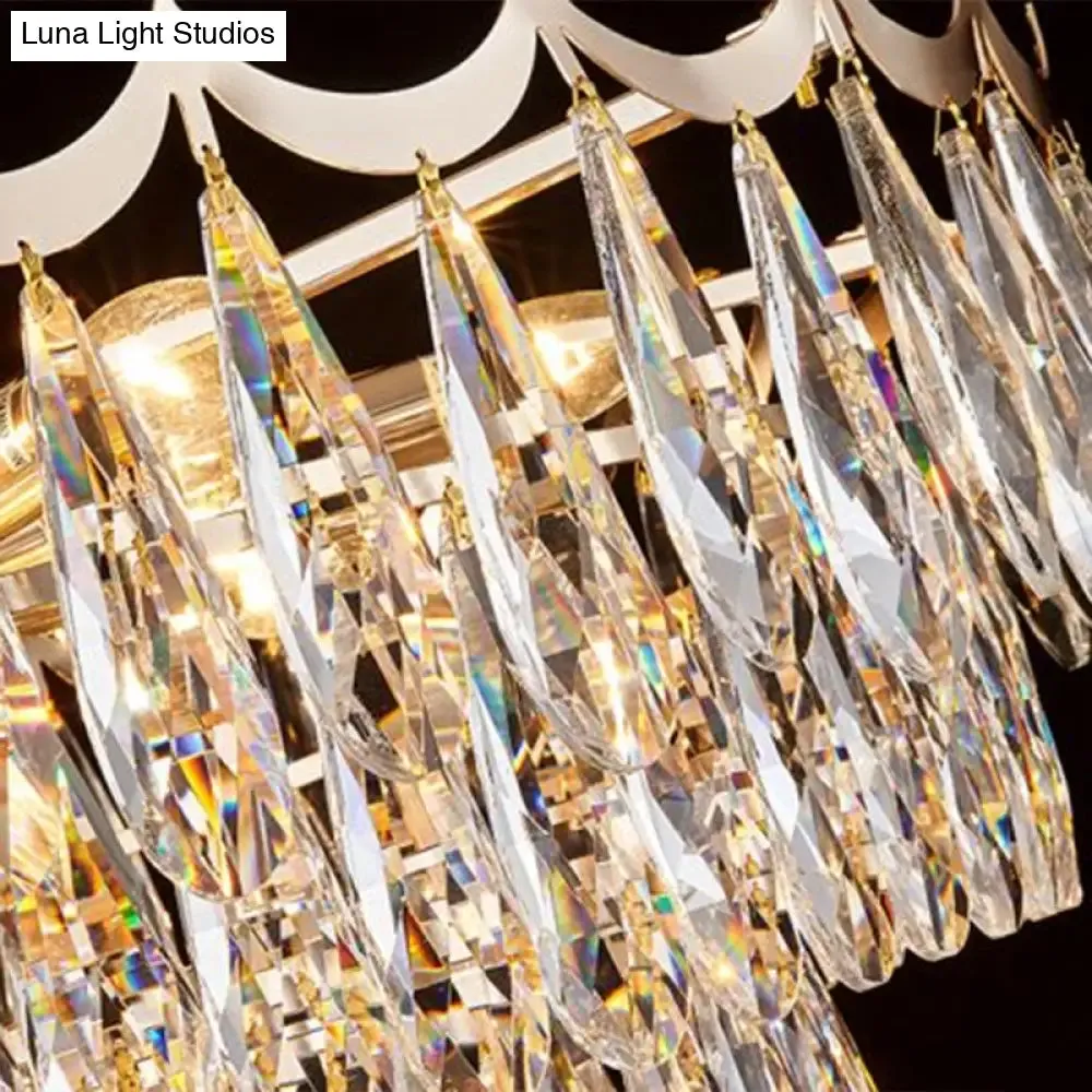 Modern Gold Flush Mount Chandelier with Clear Crystal Drops - 9-Bulb Bedroom Ceiling Lighting - 3-Layer Design