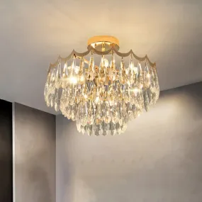 Modern Gold Flush Mount Chandelier with Clear Crystal Drops - 9-Bulb Bedroom Ceiling Lighting - 3-Layer Design