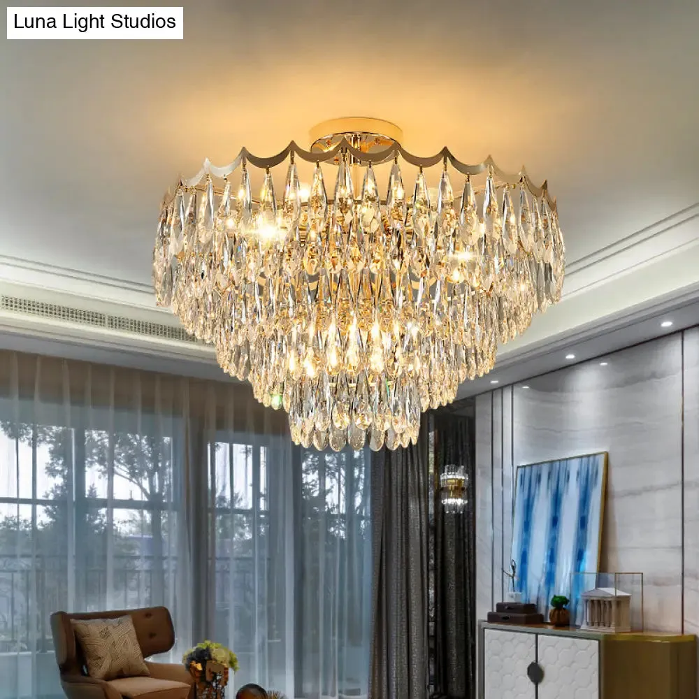 Modern Gold Flush Mount Chandelier with Clear Crystal Drops - 9-Bulb Bedroom Ceiling Lighting - 3-Layer Design