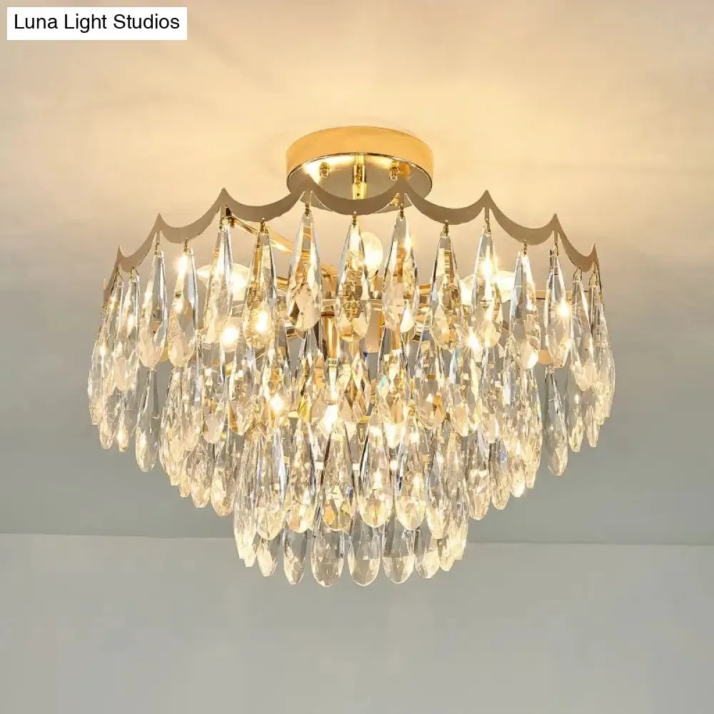 Modern Gold Flush Mount Chandelier with Clear Crystal Drops - 9-Bulb Bedroom Ceiling Lighting - 3-Layer Design