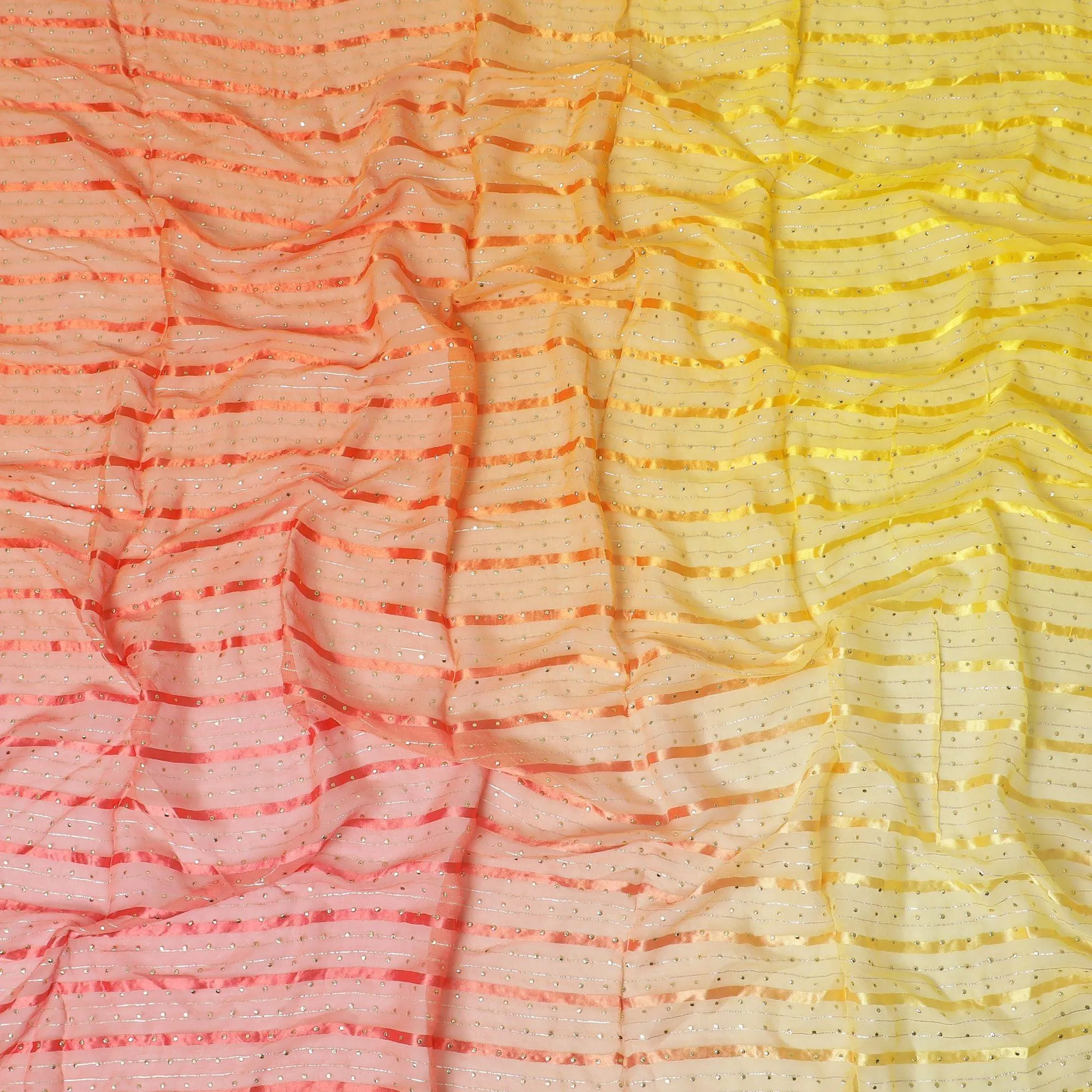 Multicolor synthetic chiffon fabric with gold stripe having same tone metallic dot foil in stripe design-D13653