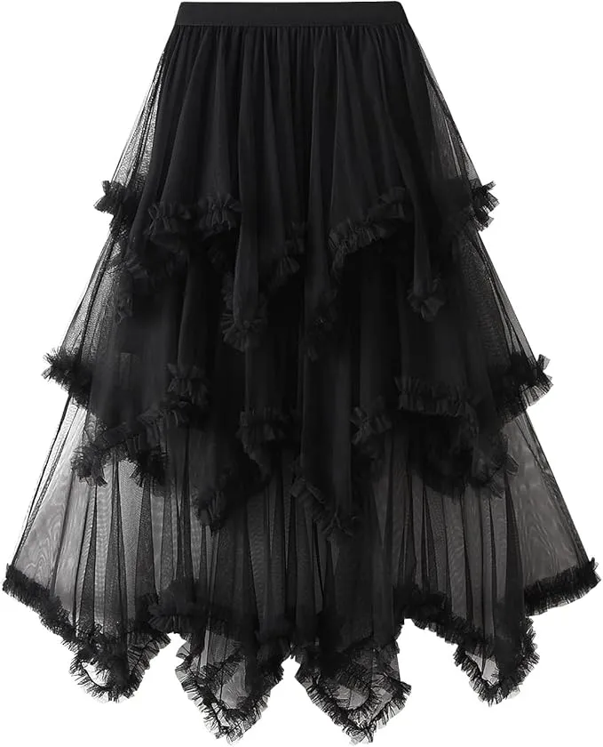 Naples Italian Womans Layered Mesh Tulle Skirt A-Line Tutu Skirt Casual Puffy Maxi Skirts Prom Skirt in Black