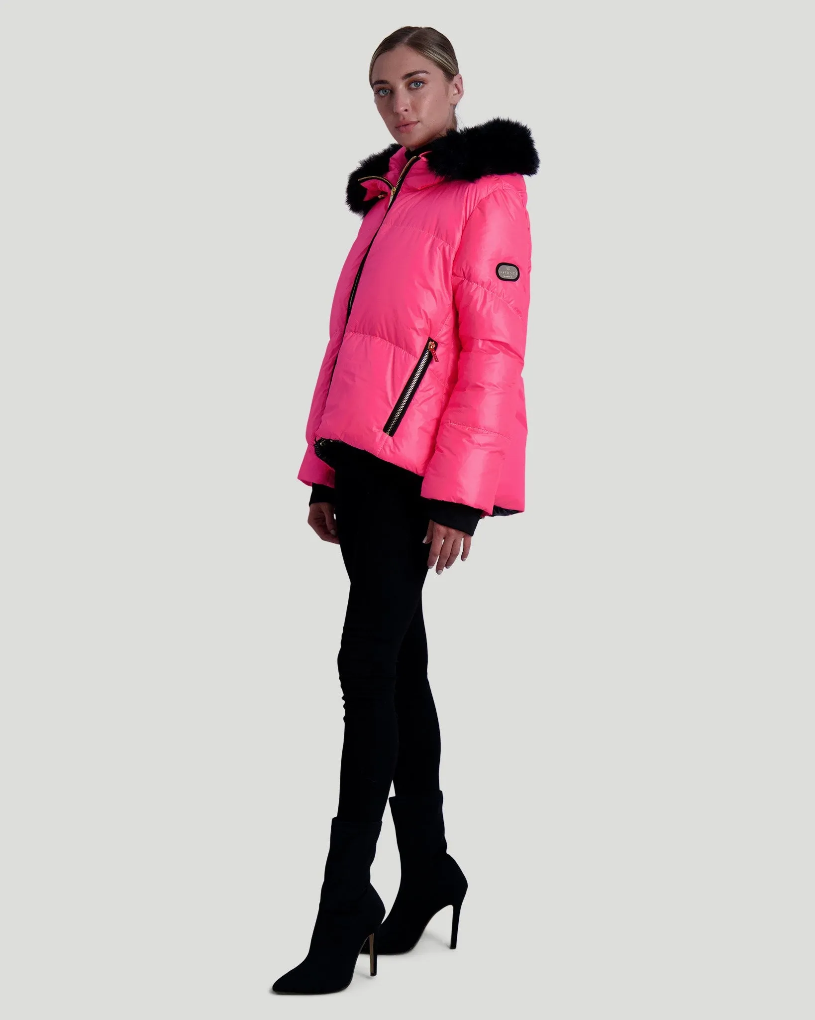 Neon Après-Ski Jacket with Detachable Toscana Shearling Lamb Hood Trim