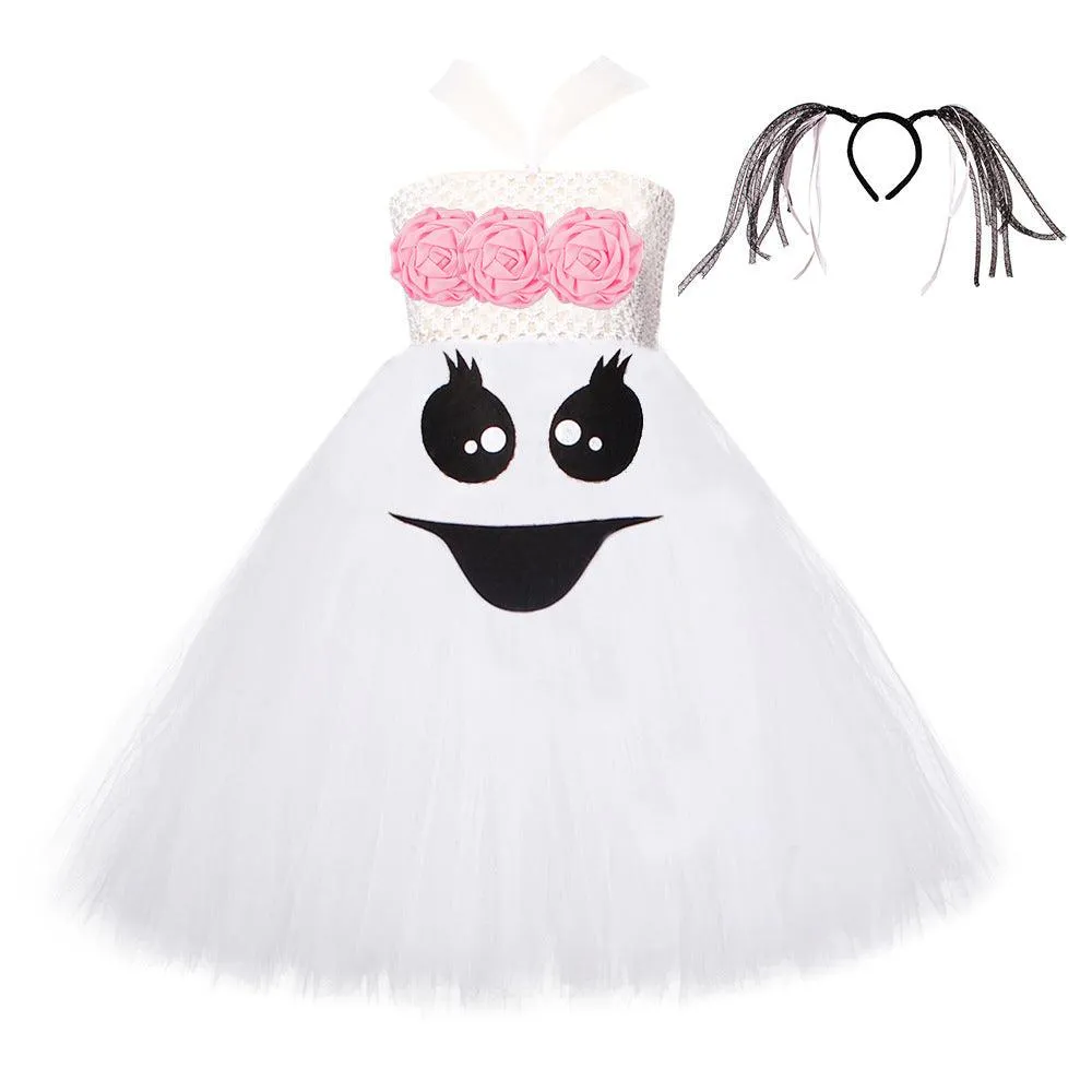 New Children's Clothing Halloween Cosplay Movie Ghost Horror White Mesh Girl Dress