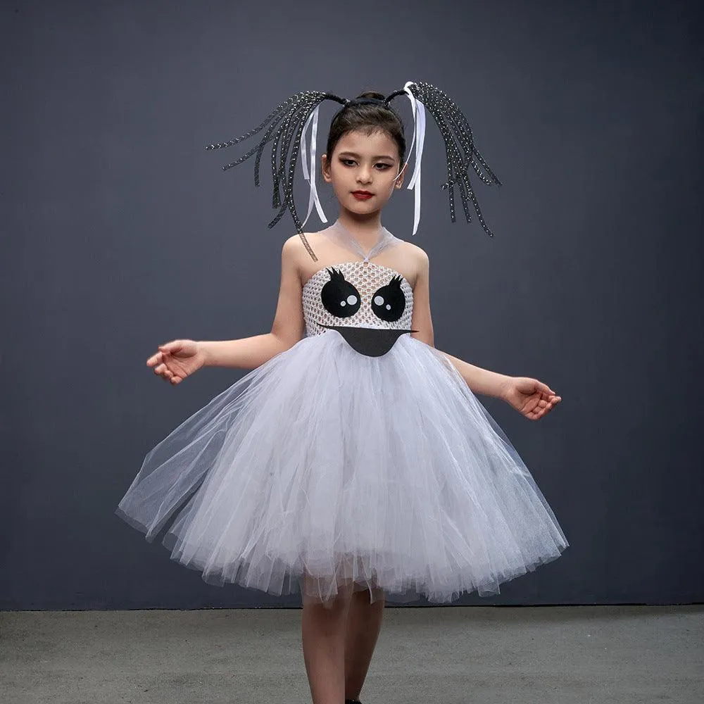 New Children's Clothing Halloween Cosplay Movie Ghost Horror White Mesh Girl Dress