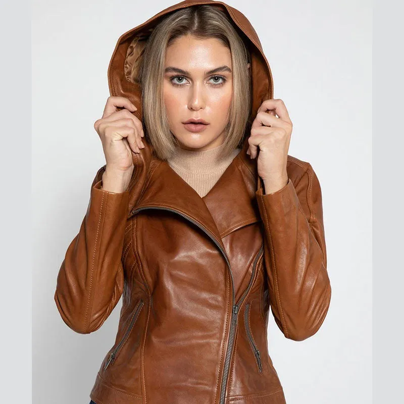 New Look For Women Style Cindra Brown Hooded Asymmetrical Zip Leather Jacket