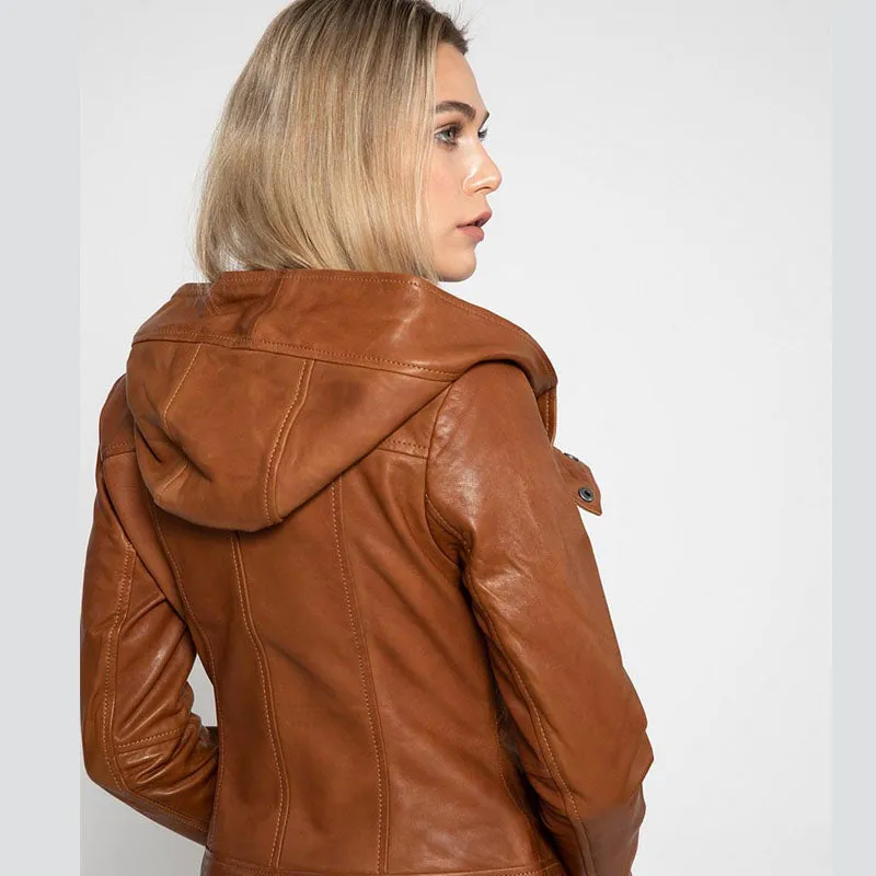 New Look For Women Style Cindra Brown Hooded Asymmetrical Zip Leather Jacket