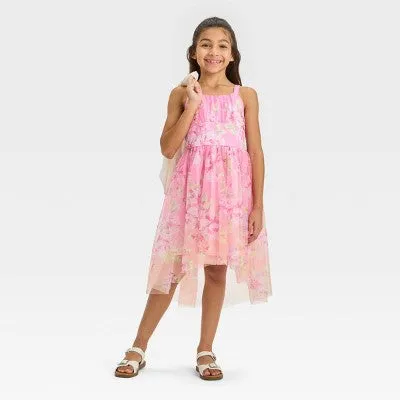 New - ZENZI Girls' High-Low Mesh Midi Dress Sleeveless Shirred Bodice