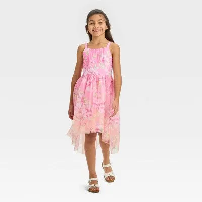 New - Zenzi Girls' Sleeveless Floral Hi-Low Dress - Pink L