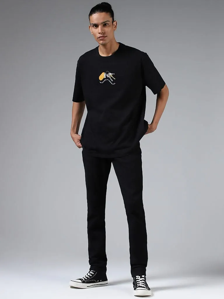 Nuon Black Embroidered Cotton Relaxed-Fit T-Shirt