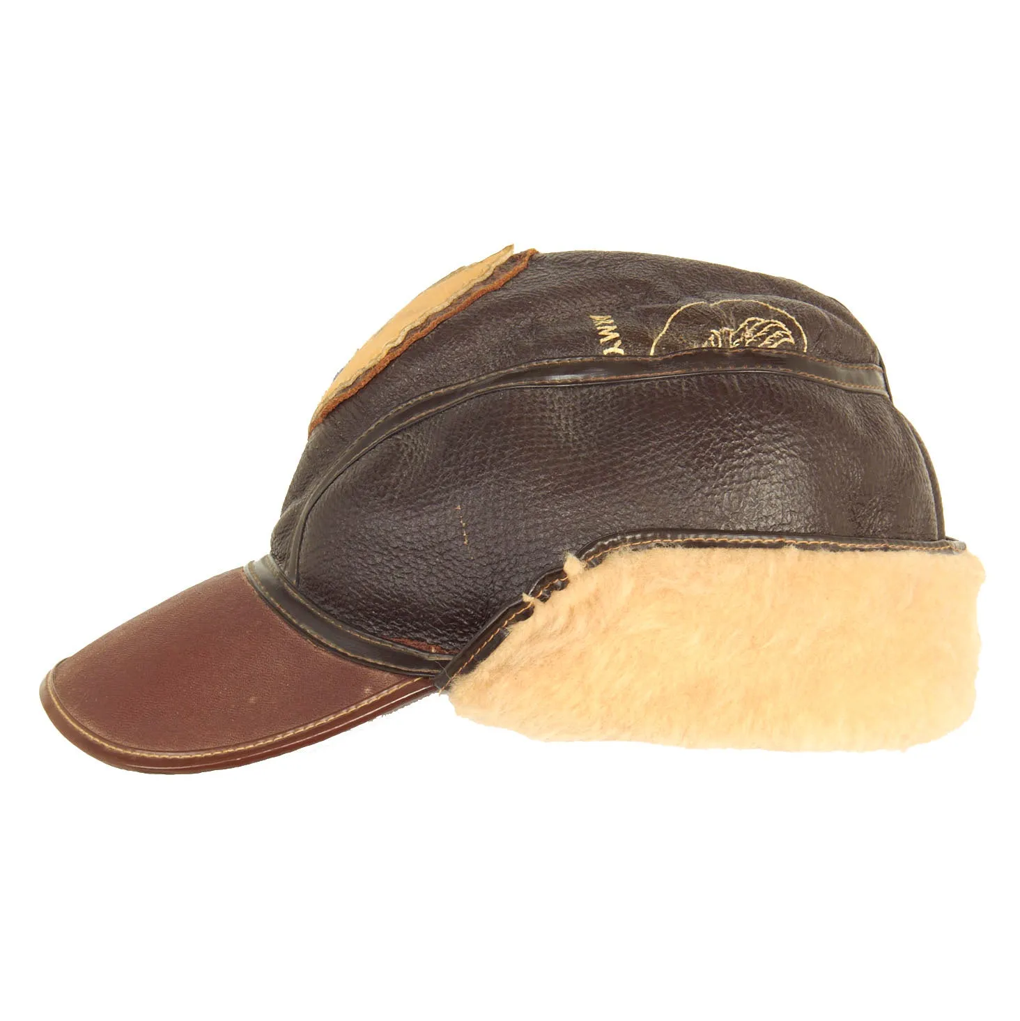 Original U.S. WWII 8th Army Air Force B-2 Gunner Shearling Leather Cap Rigger Constructed from B-3 Jacket