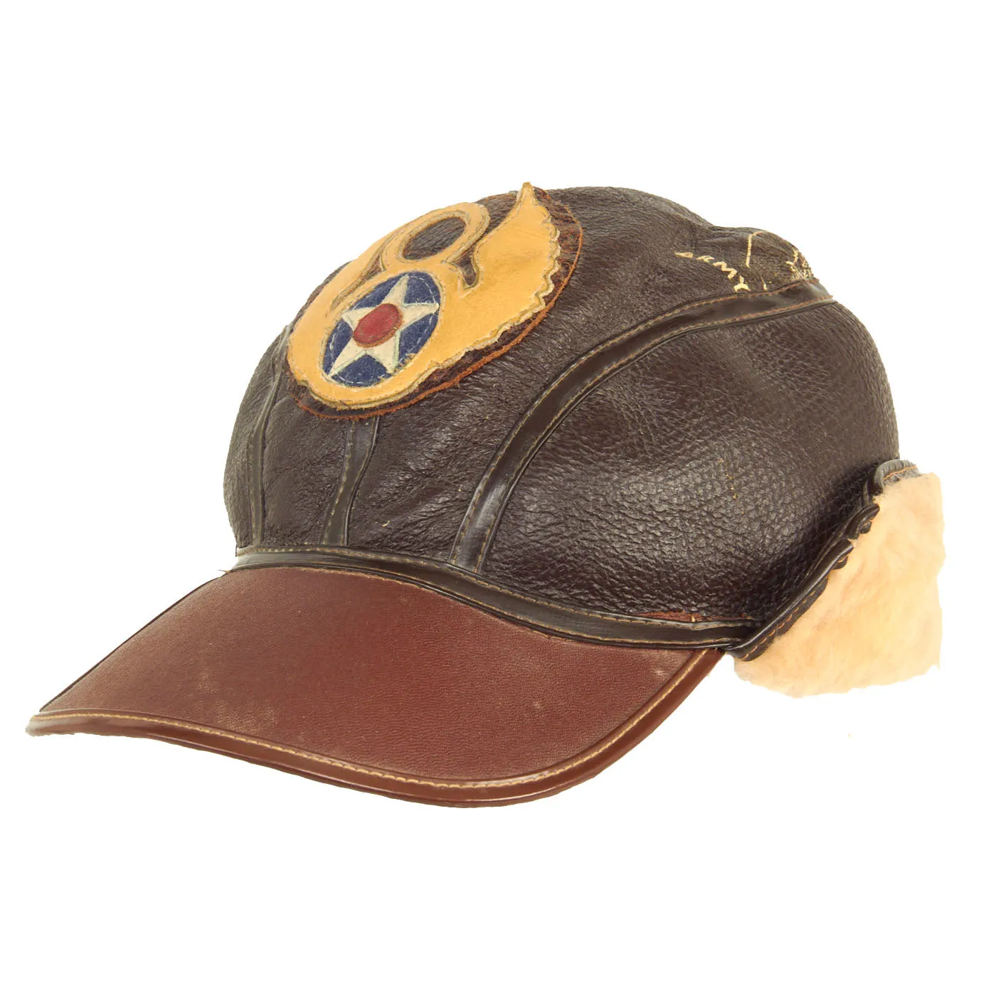 Original U.S. WWII 8th Army Air Force B-2 Gunner Shearling Leather Cap Rigger Constructed from B-3 Jacket