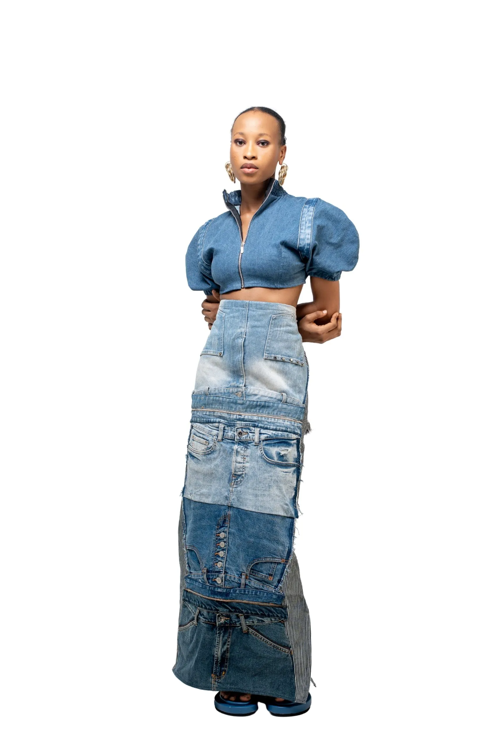 PATCH DENIM MAXI SKIRT