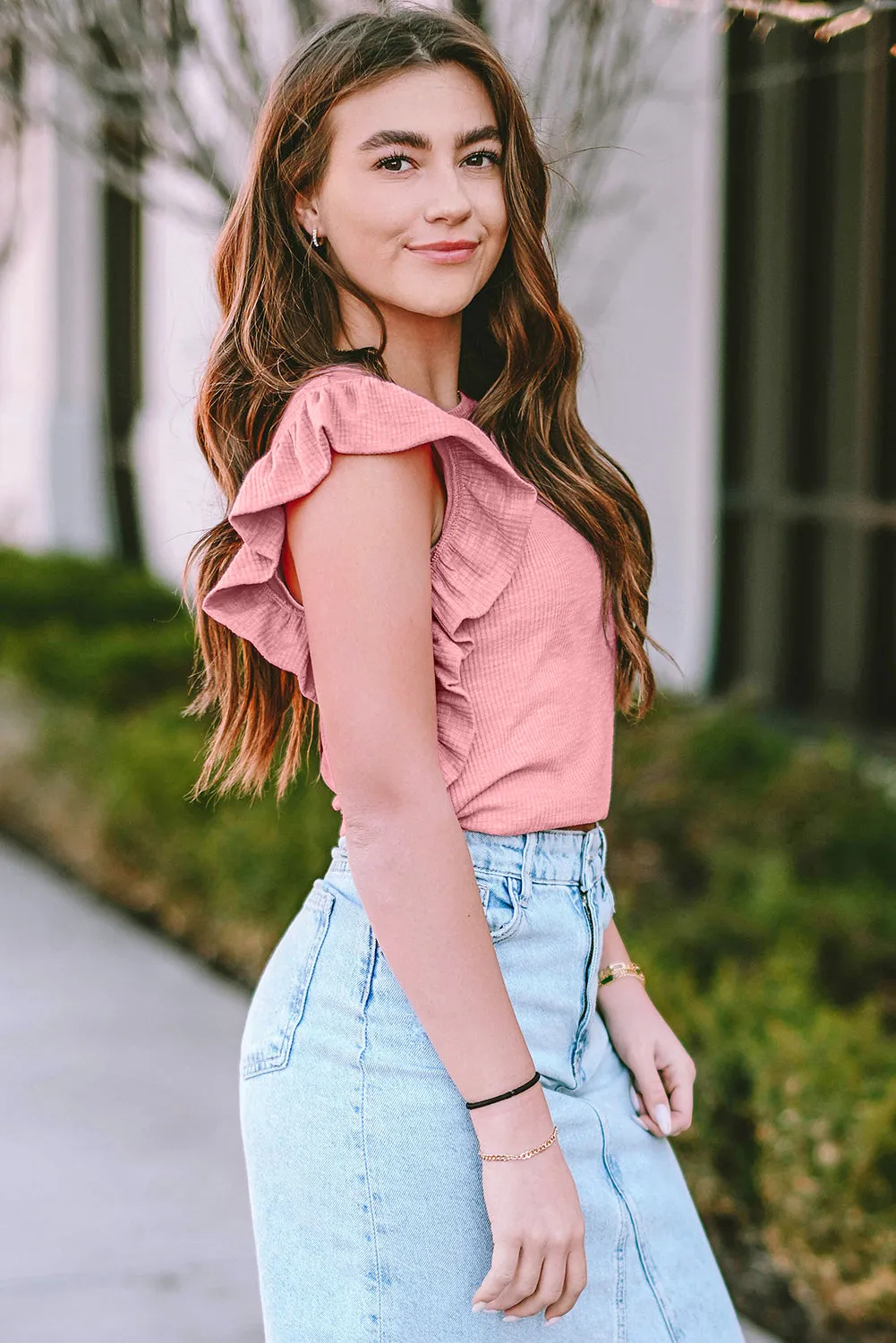 Pink Ruffle Sleeve Crewneck Ribbed Crop Top | Flirty, Fun, and Full of Sass 💅✨