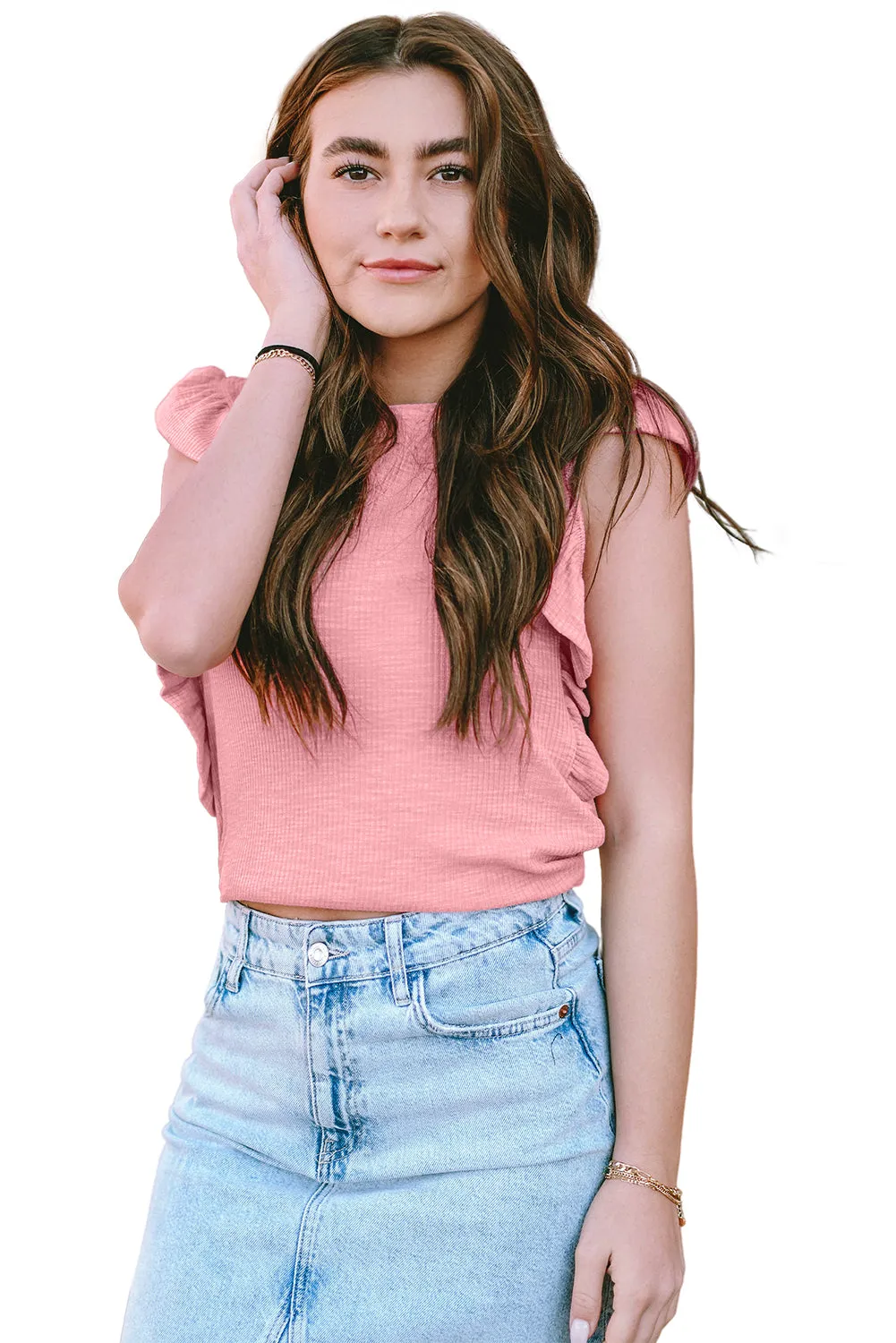 Pink Ruffle Sleeve Crewneck Ribbed Crop Top | Flirty, Fun, and Full of Sass 💅✨