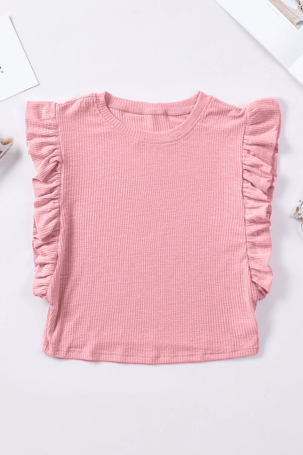 Pink Ruffle Sleeve Crewneck Ribbed Crop Top | Flirty, Fun, and Full of Sass 💅✨