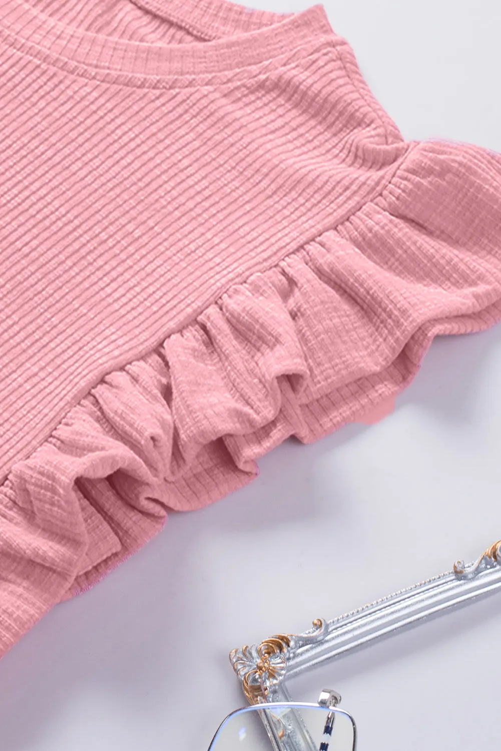 Pink Ruffle Sleeve Crewneck Ribbed Crop Top | Flirty, Fun, and Full of Sass 💅✨