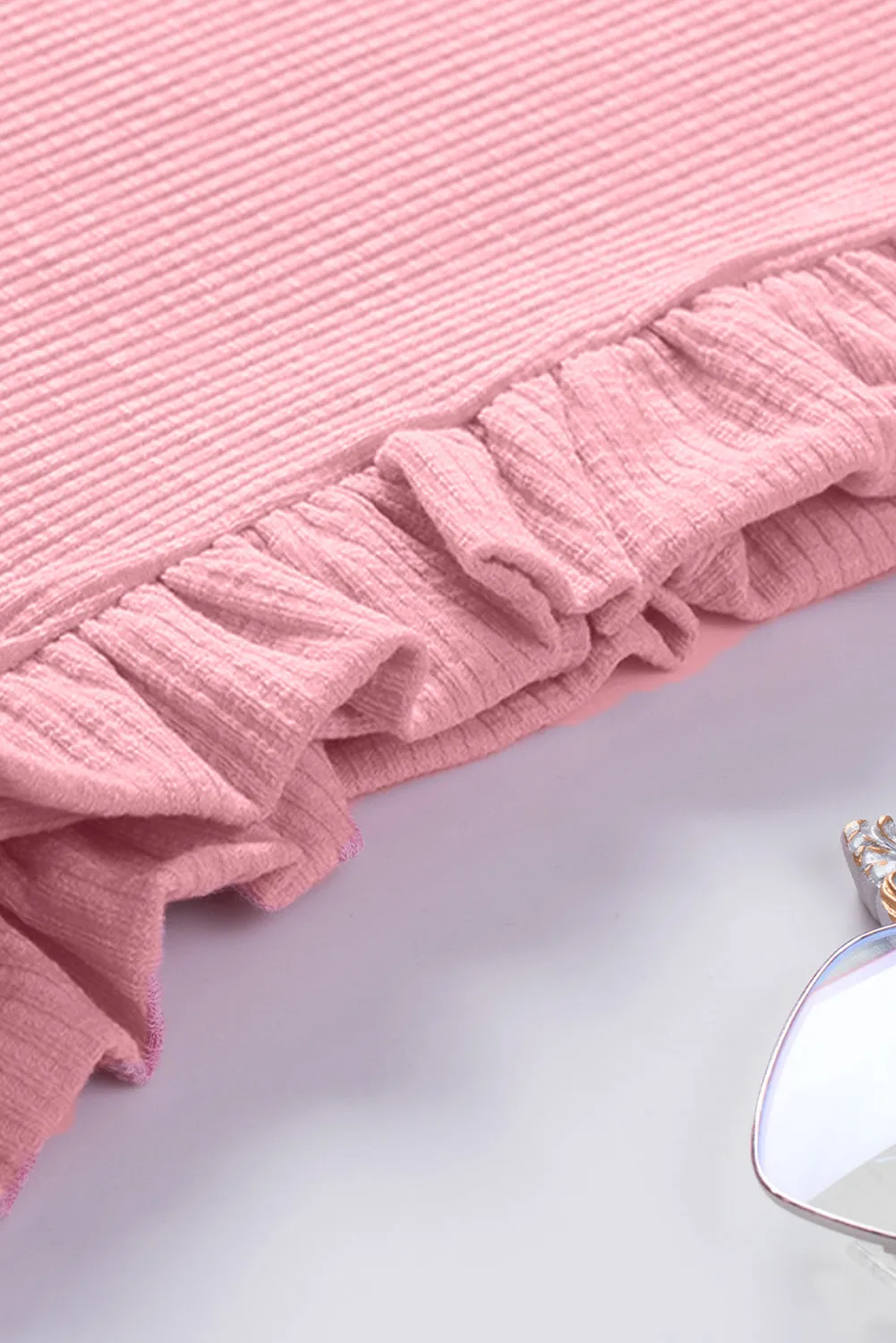 Pink Ruffle Sleeve Crewneck Ribbed Crop Top | Flirty, Fun, and Full of Sass 💅✨