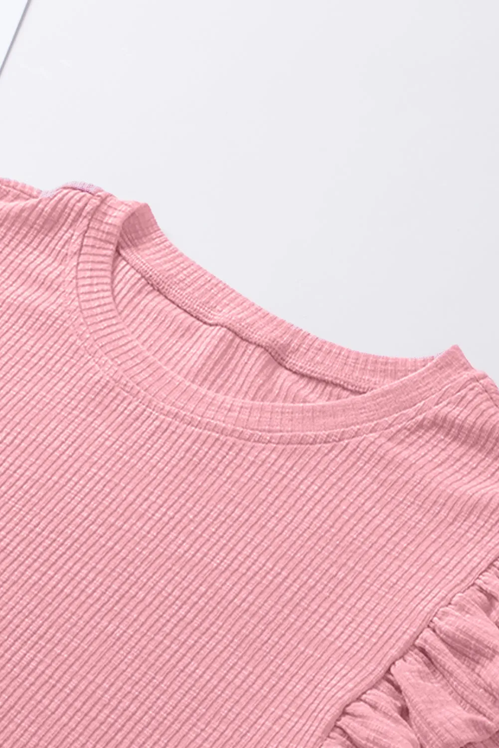 Pink Ruffle Sleeve Crewneck Ribbed Crop Top | Flirty, Fun, and Full of Sass 💅✨