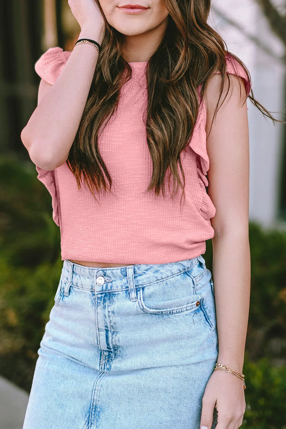 Pink Ruffle Sleeve Crewneck Ribbed Crop Top | Flirty, Fun, and Full of Sass 💅✨