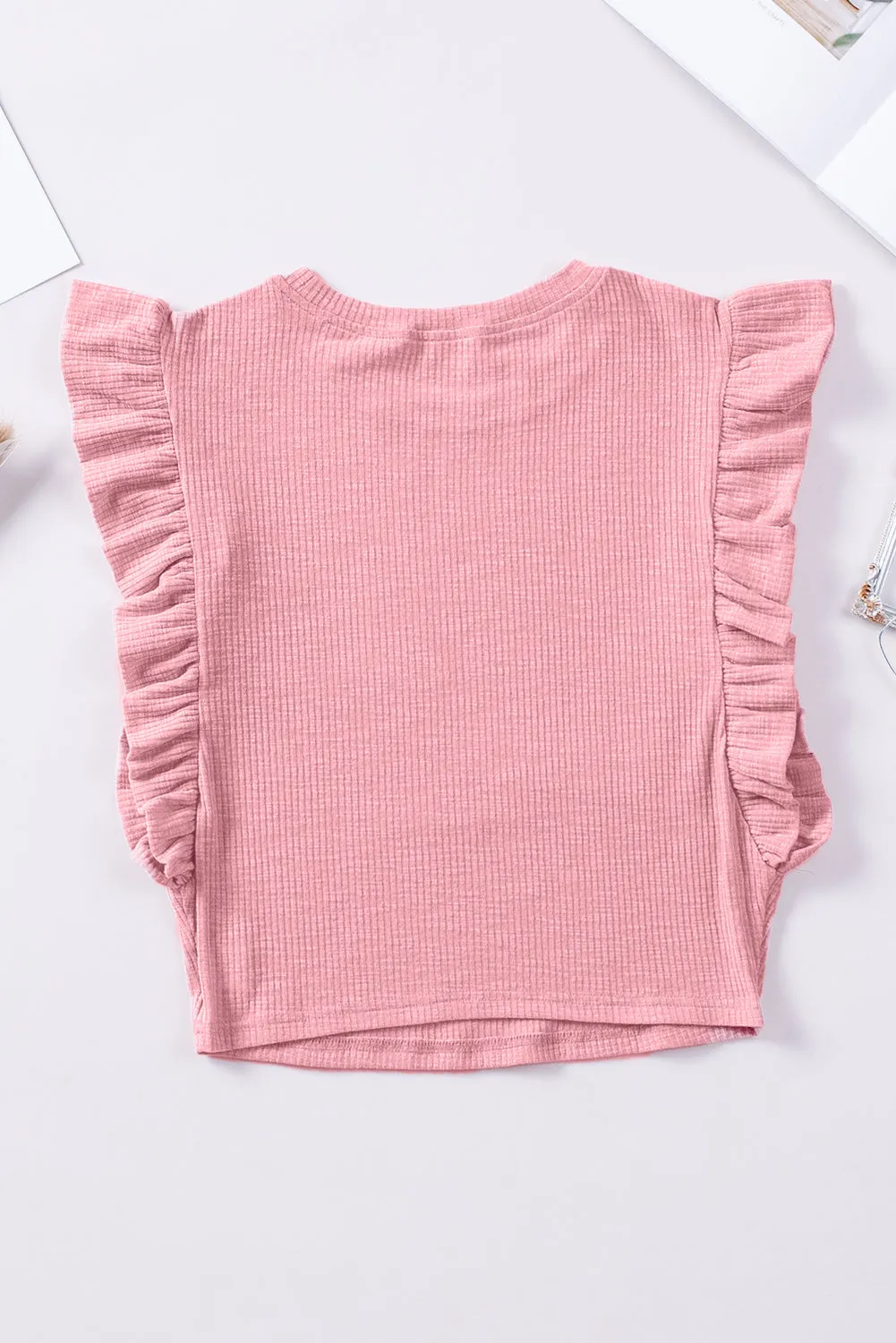 Pink Ruffle Sleeve Crewneck Ribbed Crop Top | Flirty, Fun, and Full of Sass 💅✨