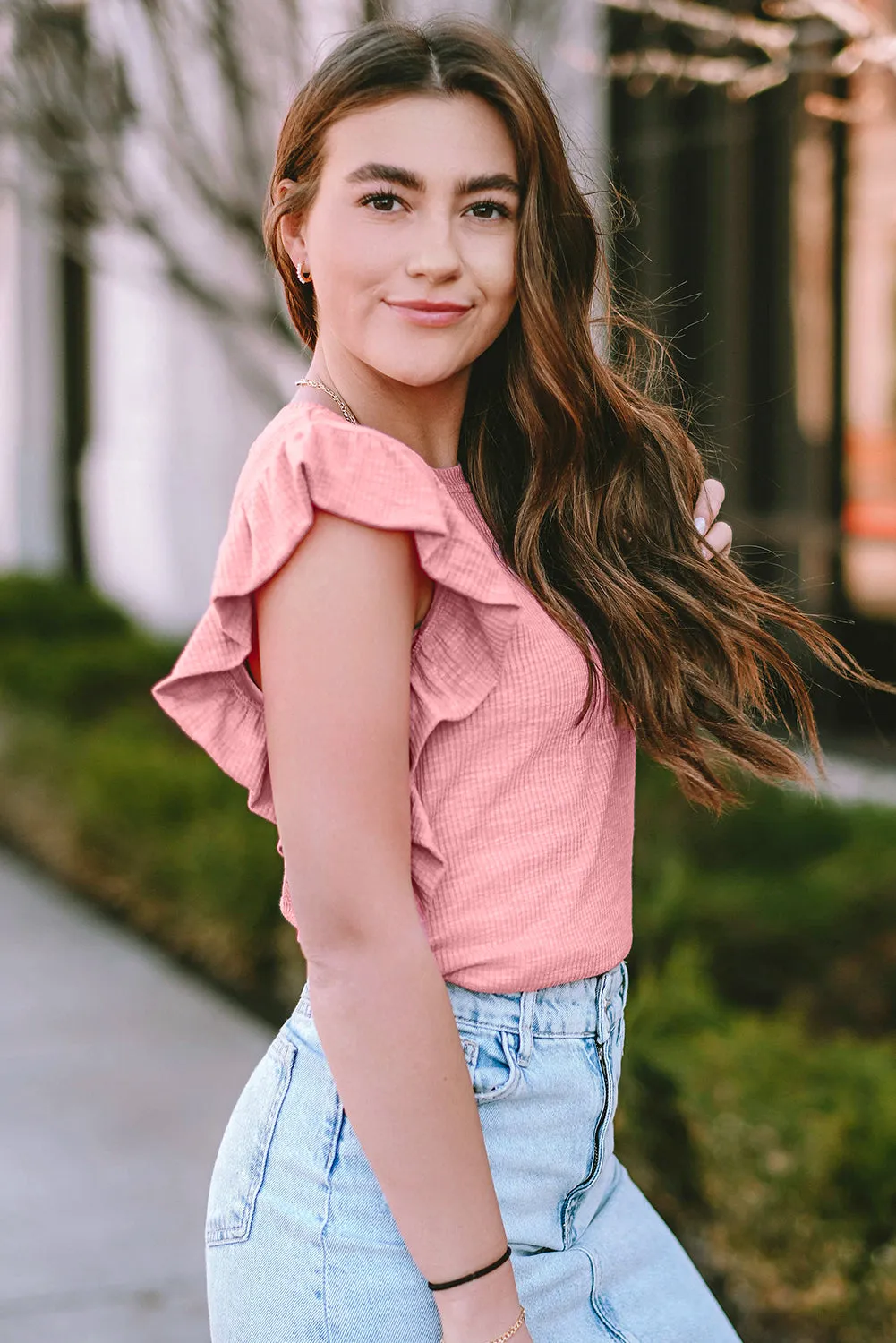 Pink Ruffle Sleeve Crewneck Ribbed Crop Top | Flirty, Fun, and Full of Sass 💅✨