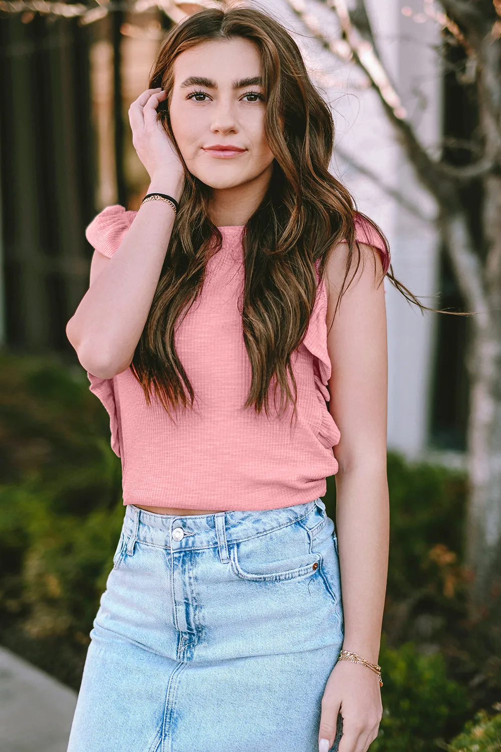 Pink Ruffle Sleeve Crewneck Ribbed Crop Top | Flirty, Fun, and Full of Sass 💅✨