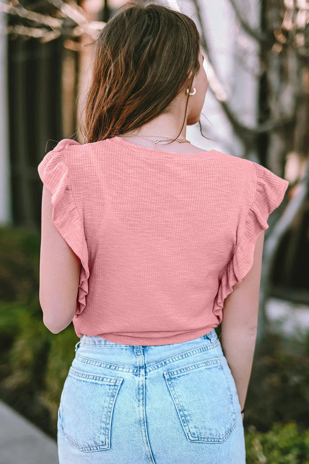 Pink Ruffle Sleeve Crewneck Ribbed Crop Top | Flirty, Fun, and Full of Sass 💅✨