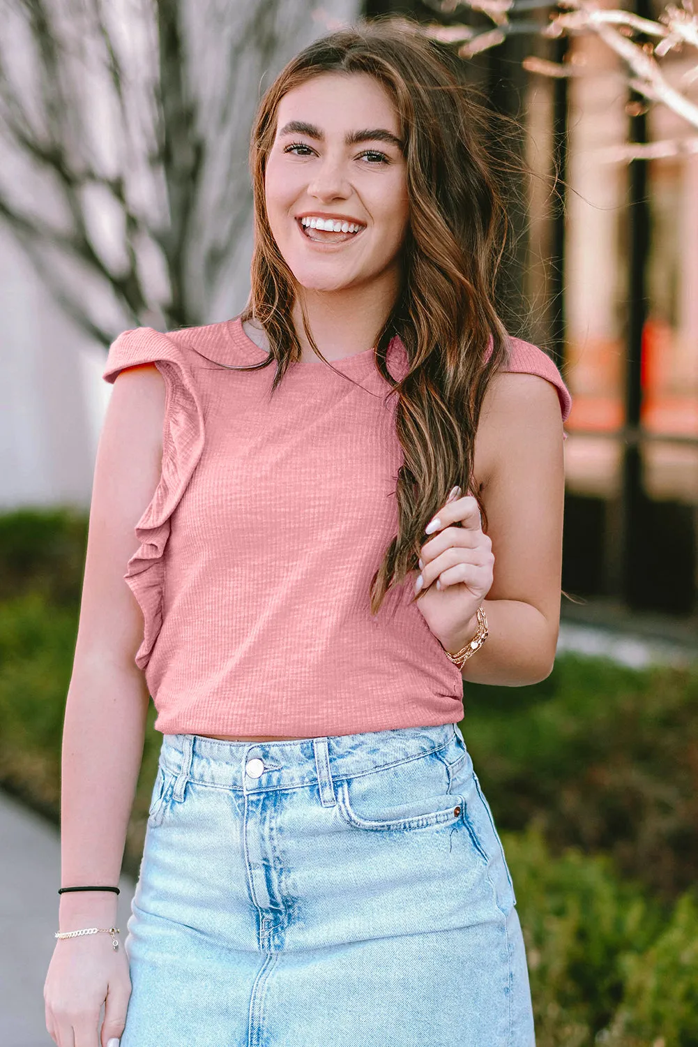 Pink Ruffle Sleeve Crewneck Ribbed Crop Top | Flirty, Fun, and Full of Sass 💅✨