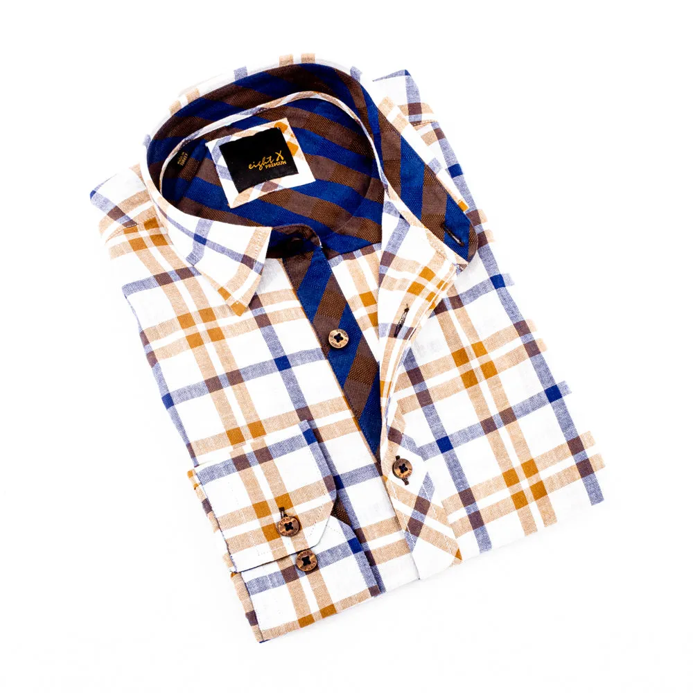 Plaid Linen Shirt - Brown on White