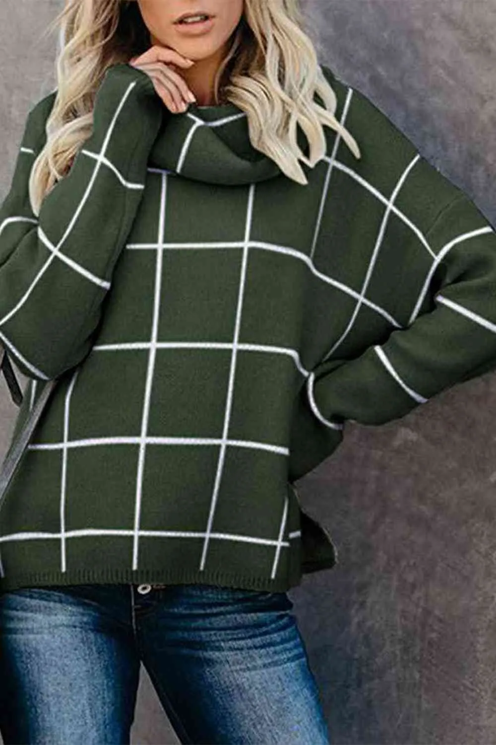 Plaid Turtleneck Drop Shoulder Sweater